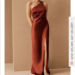 BHLDN Dylan One Shoulder Satin Dress in Cinnamon